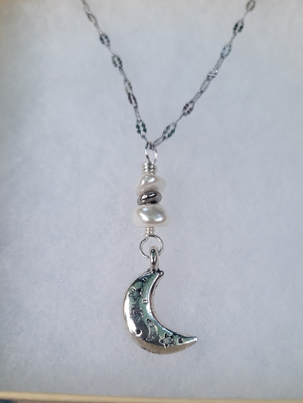 Silver Moon Pendant Necklace with Pearl Accents